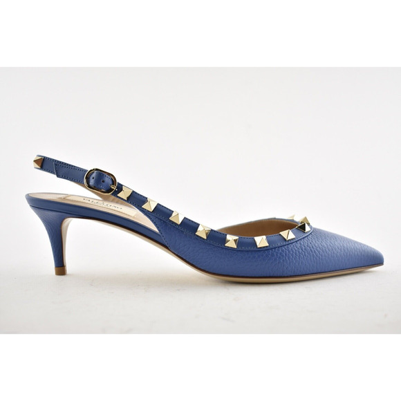 Valentino Rockstud 50 Blue Gold Stud Slingback Strap Sandal Kitten Heel Pump 38 - Picture 3 of 11